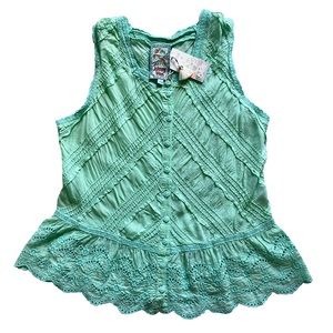 Johnny Was Pintuck Alyn Eyelet Peplum Tank Top in Vibrant Mint Green Large NWT